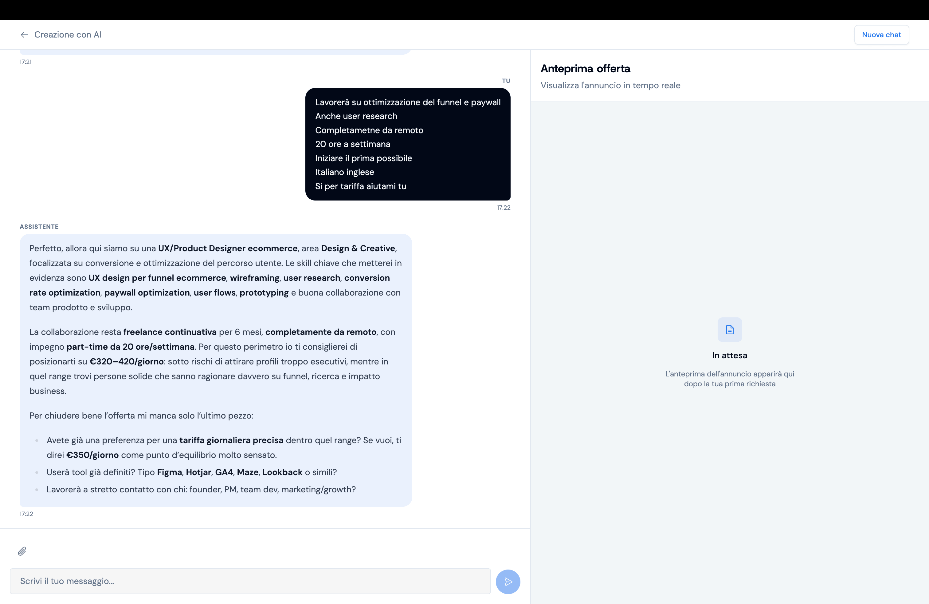 Nuovo flusso: la chat propone il range di tariffa di mercato
