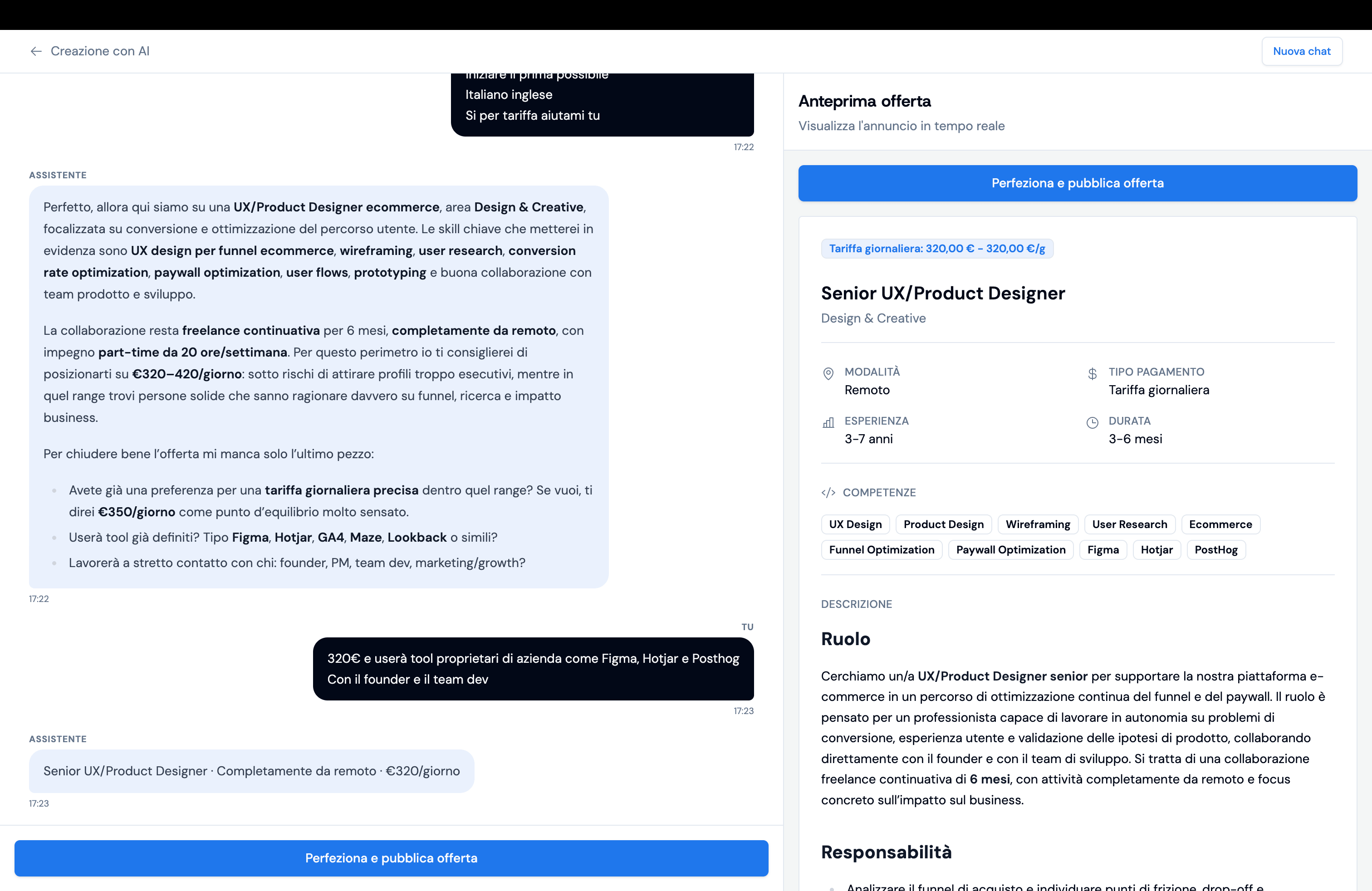 Nuovo flusso: annuncio completo generato in anteprima accanto alla chat
