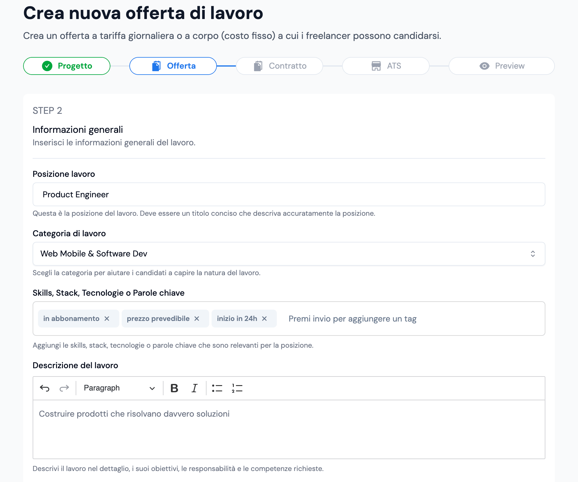 Vecchio flusso: form con titolo, categoria e descrizione libera
