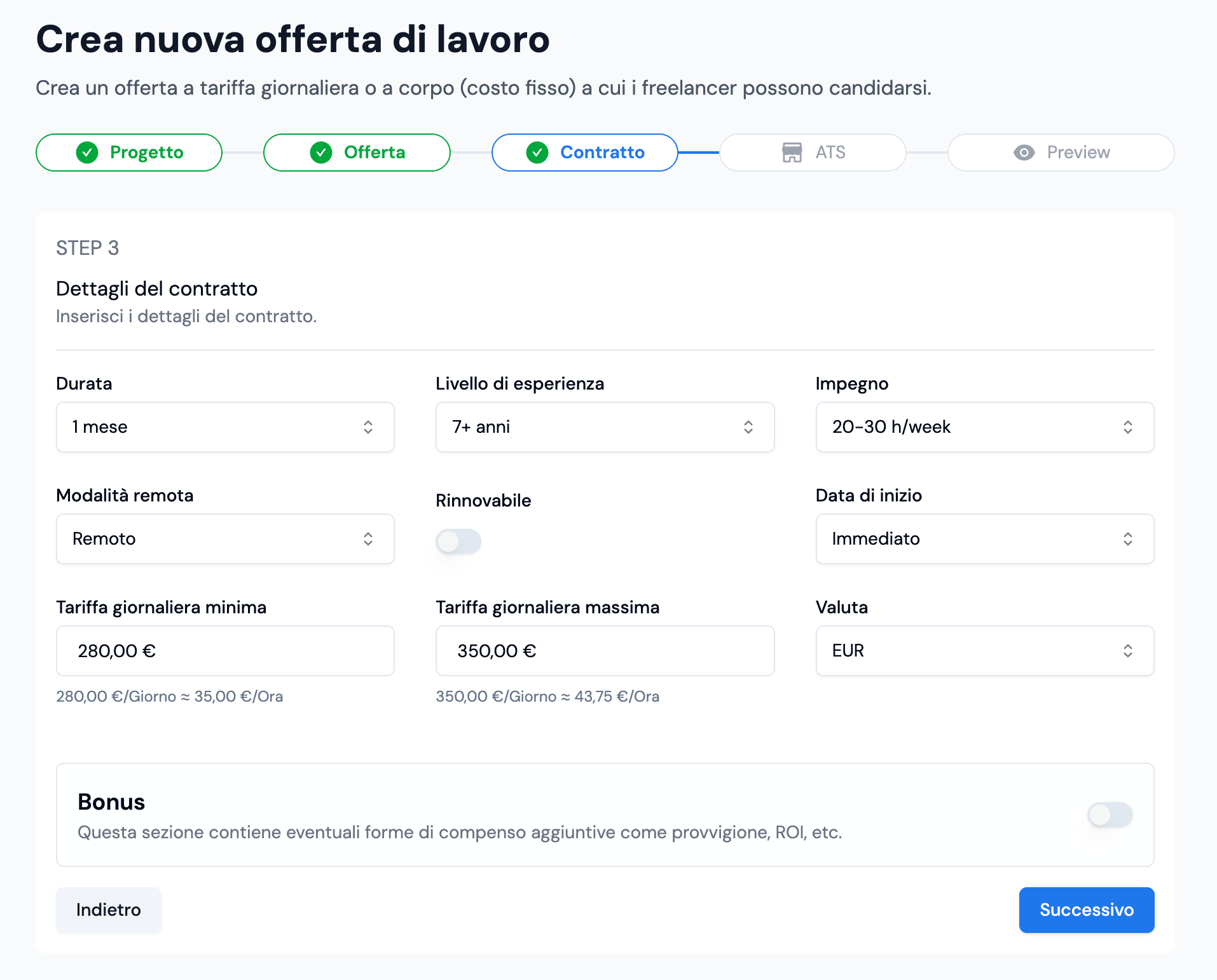 Vecchio flusso: dettagli del contratto e tariffe senza riferimenti di mercato