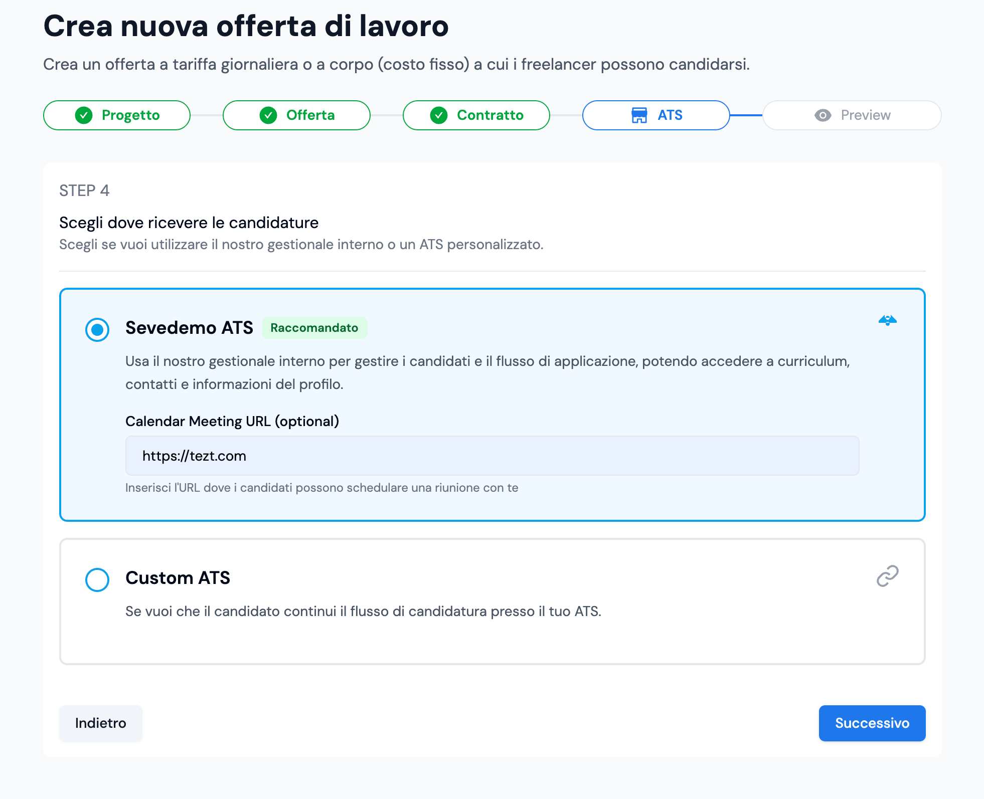 Vecchio flusso: scelta dell'ATS per le candidature